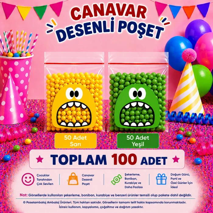 100 Adet Sarı-Yeşil Renkli Canavar Desenli Cake Pop & Kurabiye Poşeti-10x15 cm