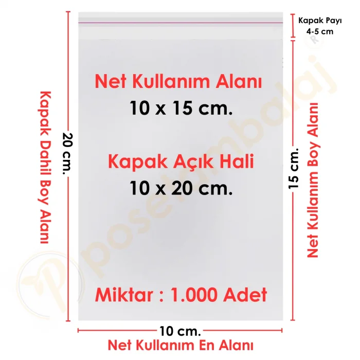 10x15+5 cm.(10x20) 1.000 Adet Şeffaf Bantlı Yapışkanlı Jelatin Poşet