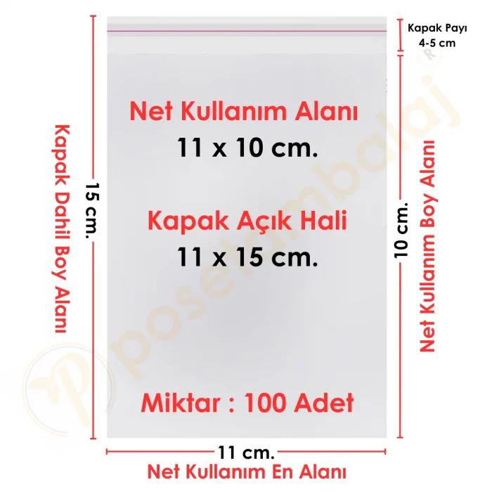 11x10+5 cm.(11x15) 100 Adet Şeffaf Bantlı Yapışkanlı OPP Poşet