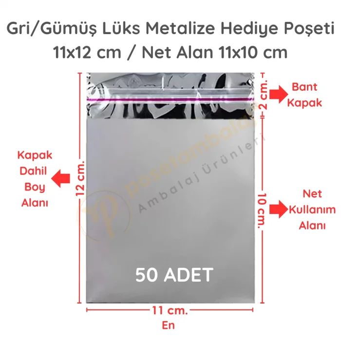 11x12 cm Gümüş Renk Bantlı Lüks Metalize Hediyelik Poşet (50 Adet)