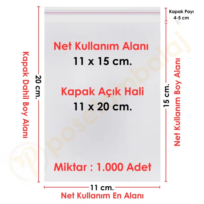 11x15+5 cm.(11x20) 1.000 Adet Şeffaf Bantlı Yapışkanlı OPP Poşet