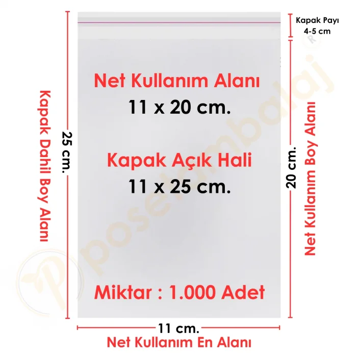 11x20+5 cm.(11x25) 1.000 Adet Şeffaf Bantlı Yapışkanlı OPP Poşet