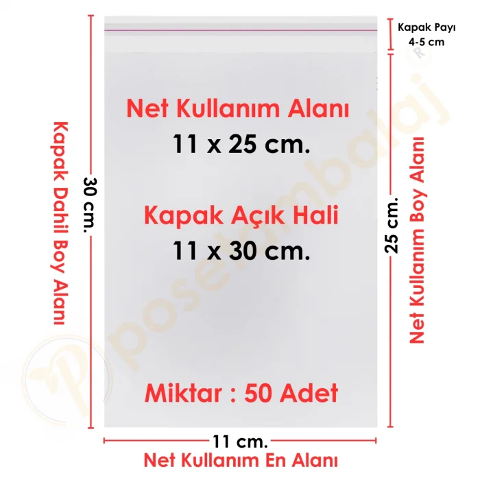 11x25+5 cm.(11x30) 50 Adet Şeffaf Bantlı Yapışkanlı OPP Poşet