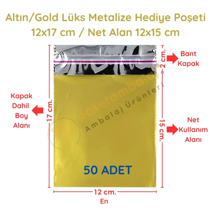 12x17 cm Altın Renk Bantlı Lüks Metalize Hediyelik Poşet (50 Adet)