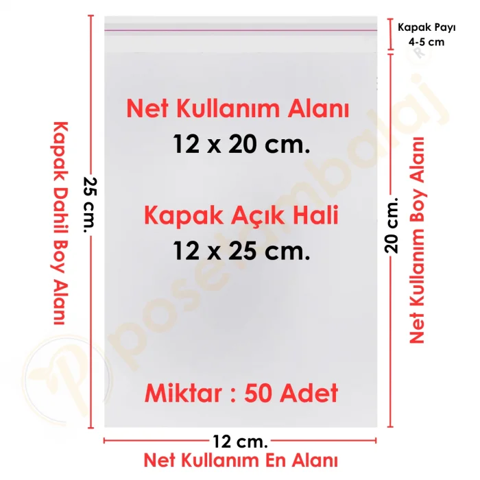 12x20+5 cm.(12x25) 50 Adet Şeffaf Bantlı Yapışkanlı OPP Poşet
