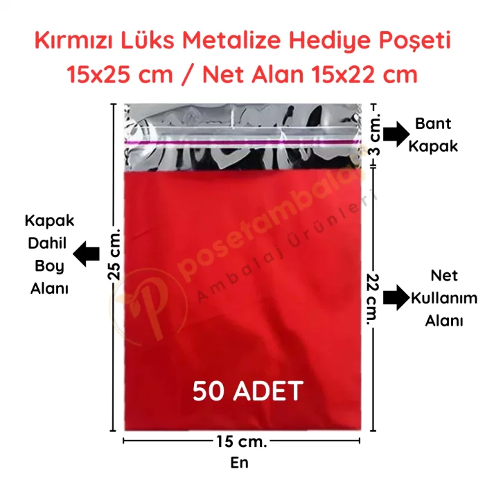 15x25 cm Kırmızı Renk Bantlı Lüks Metalize Hediyelik Poşet (50 Adet)