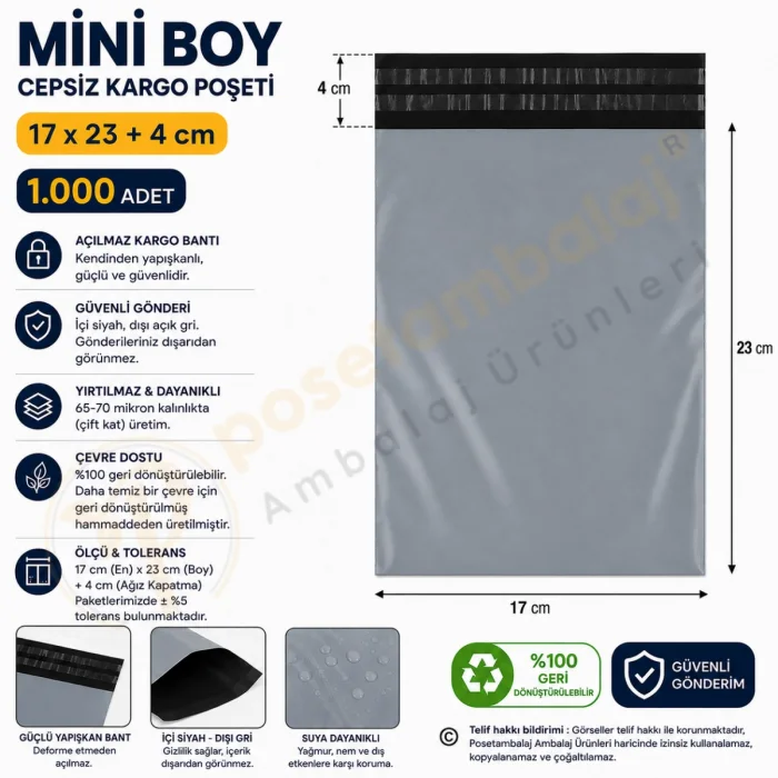 17x23+4 cm (17x27) Cepsiz Kargo Poşeti 1.000 Adet