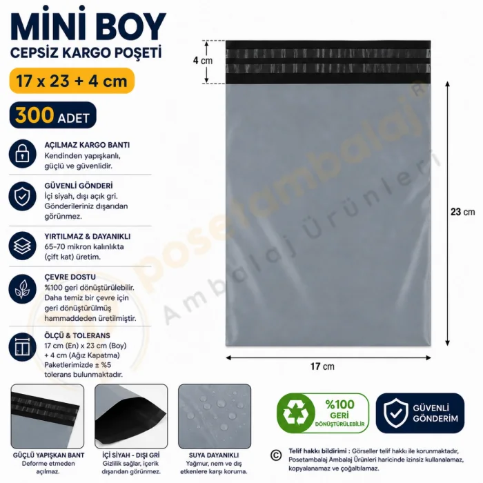 17x23+4 cm (17x27) Cepsiz Kargo Poşeti 300 Adet