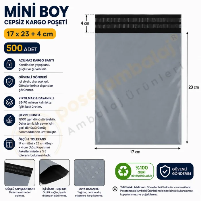 17x23+4 cm (17x27) Cepsiz Kargo Poşeti 500 Adet
