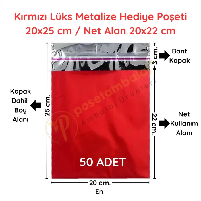 20x25 cm Kırmızı Renk Bantlı Lüks Metalize Hediyelik Poşet (50 Adet)