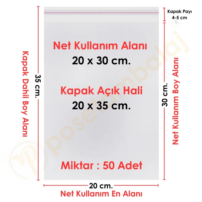20x30+5 cm.(20x35) 50 Adet Şeffaf Bantlı Yapışkanlı Jelatin Poşet