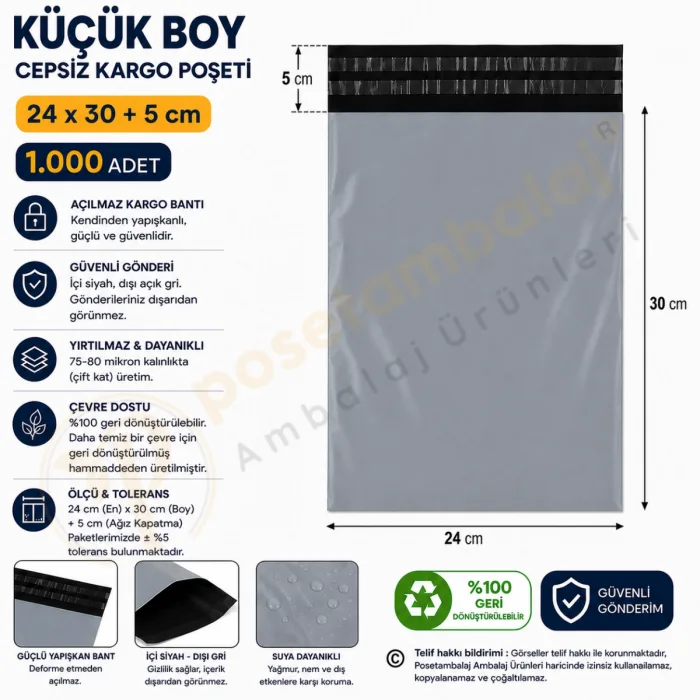 24x30+5 cm (24x35) Cepsiz Kargo Poşeti 1.000 Adet