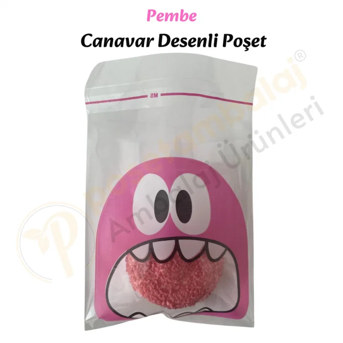 100 Adet Pembe Canavar Desenli Cake Pop & Kurabiye Poşeti-10x15 cm