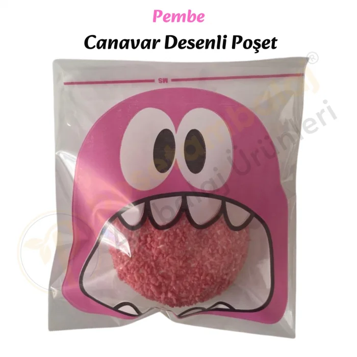 100 Adet Pembe Canavar Desenli Cake Pop & Kurabiye Poşeti-10x15 cm
