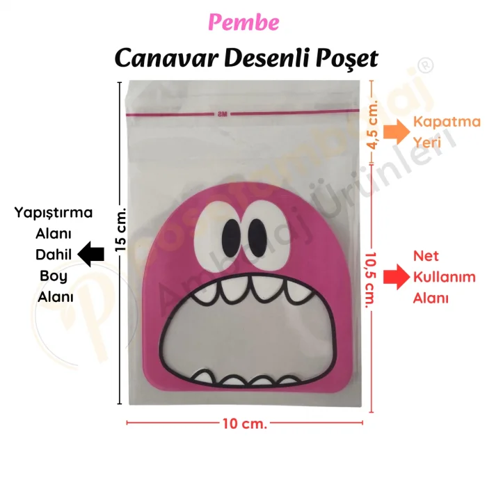 100 Adet Pembe Canavar Desenli Cake Pop & Kurabiye Poşeti-10x15 cm