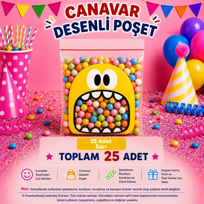 25 Adet Sarı Canavar Desenli Cake Pop & Kurabiye Poşeti-10x15 cm
