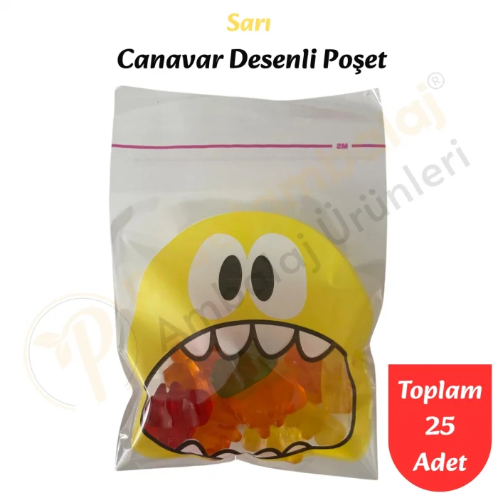 25 Adet Sarı Canavar Desenli Cake Pop & Kurabiye Poşeti-10x15 cm