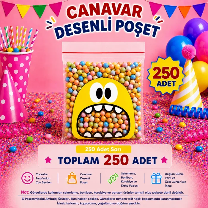 250 Adet Sarı Canavar Desenli Cake Pop & Kurabiye Poşeti-10x15 cm