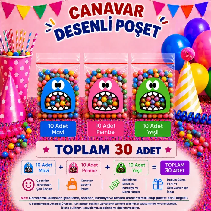 30 Adet Mavi-Pembe-Yeşil Renkli Canavar Desenli Cake Pop & Kurabiye Poşeti-10x15 cm