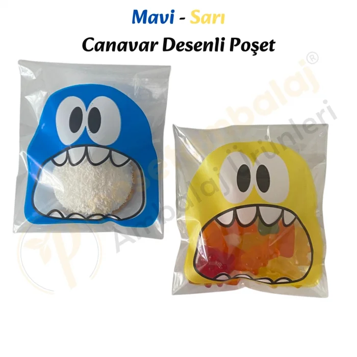 100 Adet Mavi-Sarı Renkli Canavar Desenli Cake Pop & Kurabiye Poşeti-10x15 cm