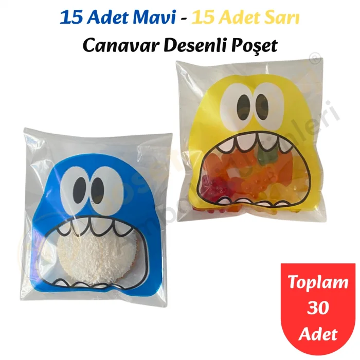 30 Adet Mavi-Sarı Renkli Canavar Desenli Cake Pop & Kurabiye Poşeti-10x15 cm