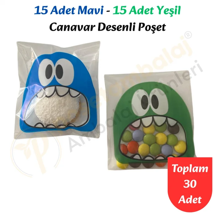 30 Adet Mavi-Yeşil Renkli Canavar Desenli Cake Pop & Kurabiye Poşeti-10x15 cm