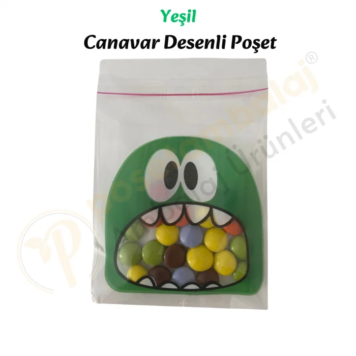 100 Adet Mavi-Yeşil Renkli Canavar Desenli Cake Pop & Kurabiye Poşeti-10x15 cm