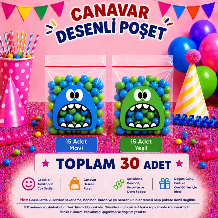 30 Adet Mavi-Yeşil Renkli Canavar Desenli Cake Pop & Kurabiye Poşeti-10x15 cm