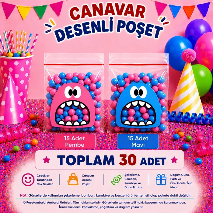 30 Adet Pembe-Mavi Renkli Canavar Desenli Cake Pop & Kurabiye Poşeti-10x15 cm