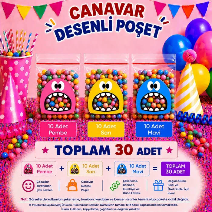30 Adet Pembe-Sarı-Mavi Renkli Canavar Desenli Cake Pop & Kurabiye Poşeti-10x15 cm
