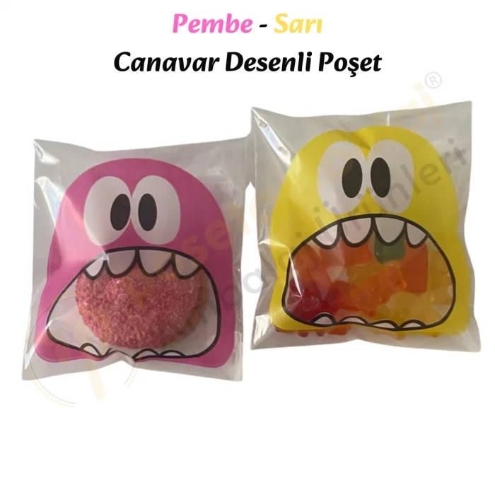 100 Adet Pembe-Sarı Renkli Canavar Desenli Cake Pop & Kurabiye Poşeti-10x15 cm