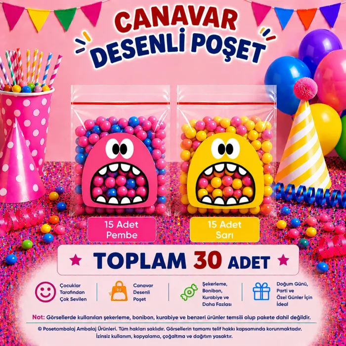 30 Adet Pembe-Sarı Renkli Canavar Desenli Cake Pop & Kurabiye Poşeti-10x15 cm
