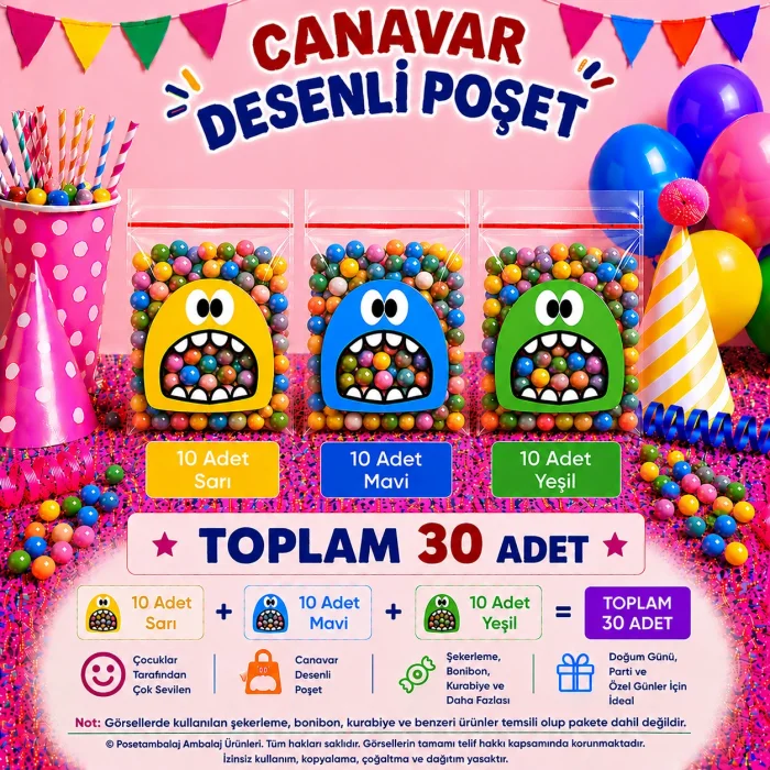 30 Adet Sarı-Mavi-Yeşil Renkli Canavar Desenli Cake Pop & Kurabiye Poşeti-10x15 cm