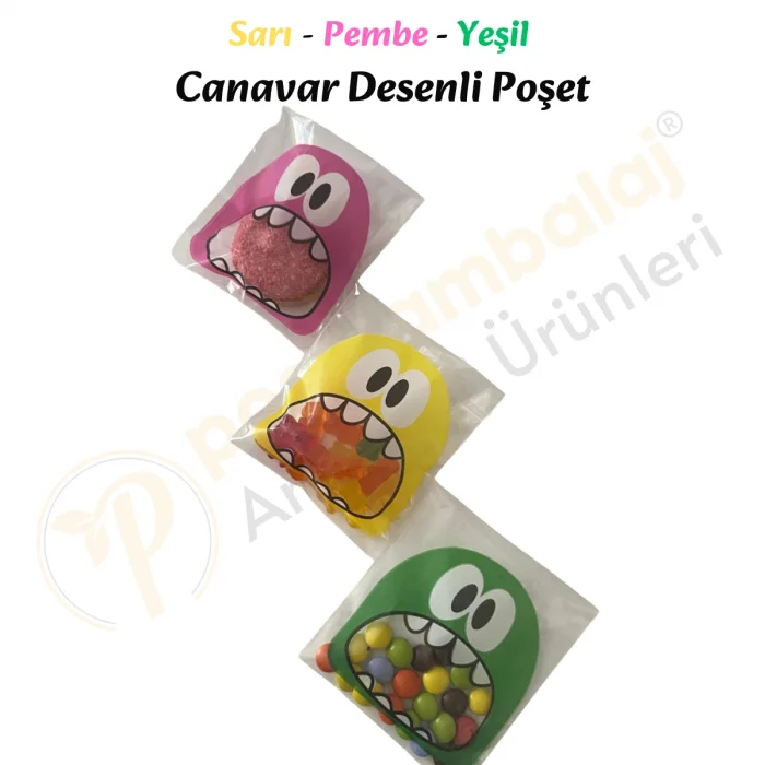 30 Adet Sarı-Pembe-Yeşil Renkli Canavar Desenli Cake Pop & Kurabiye Poşeti-10x15 cm