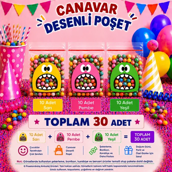 30 Adet Sarı-Pembe-Yeşil Renkli Canavar Desenli Cake Pop & Kurabiye Poşeti-10x15 cm