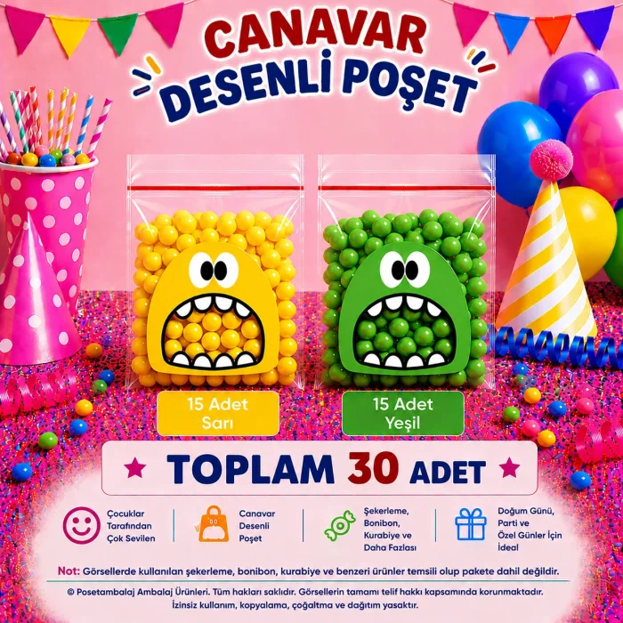 30 Adet Sarı-Yeşil Renkli Canavar Desenli Cake Pop & Kurabiye Poşeti-10x15 cm