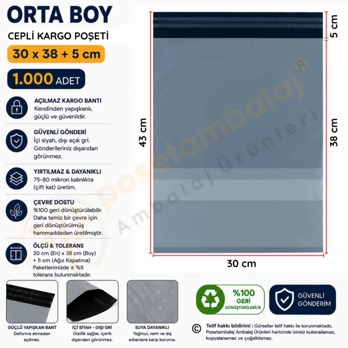 30x38+5 cm (30x43) Cepli Kargo Poşeti 1.000 Adet