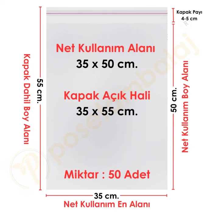 35x50+5 cm.(35x55) 50 Adet Şeffaf Bantlı Yapışkanlı Jelatin Poşet