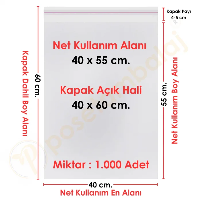 40x55+5 cm.(40x60) 1.000 Adet Şeffaf Bantlı Yapışkanlı Jelatin Poşet