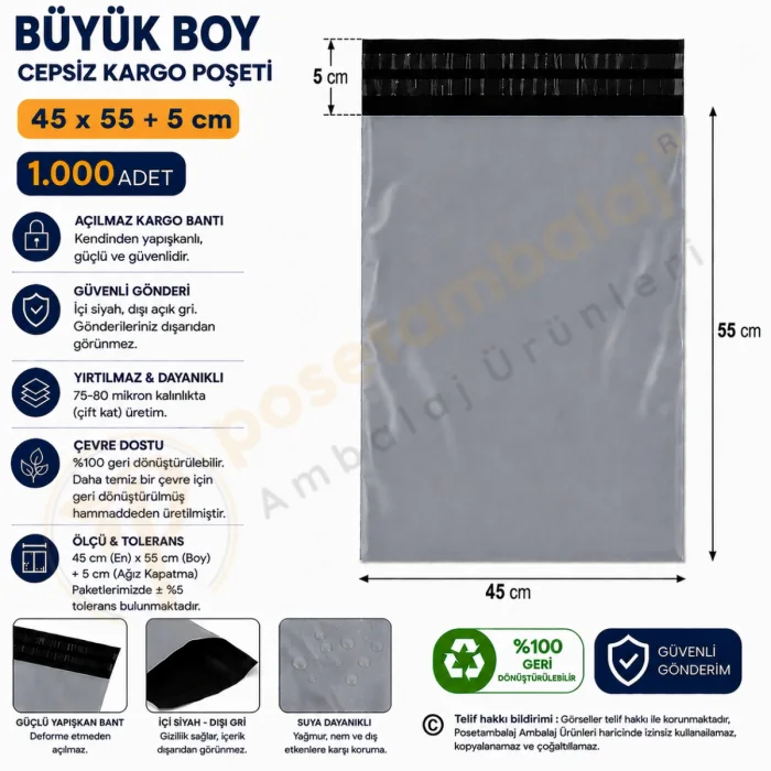 45x55+5 cm (45x60) Cepsiz Kargo Poşeti 1.000 Adet
