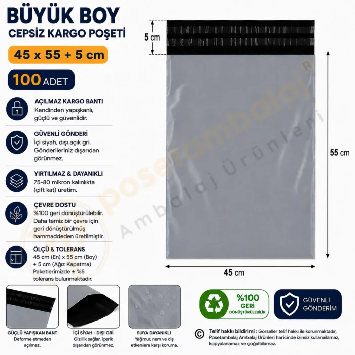 45x55+5 cm (45x60) Cepsiz Kargo Poşeti 100 Adet