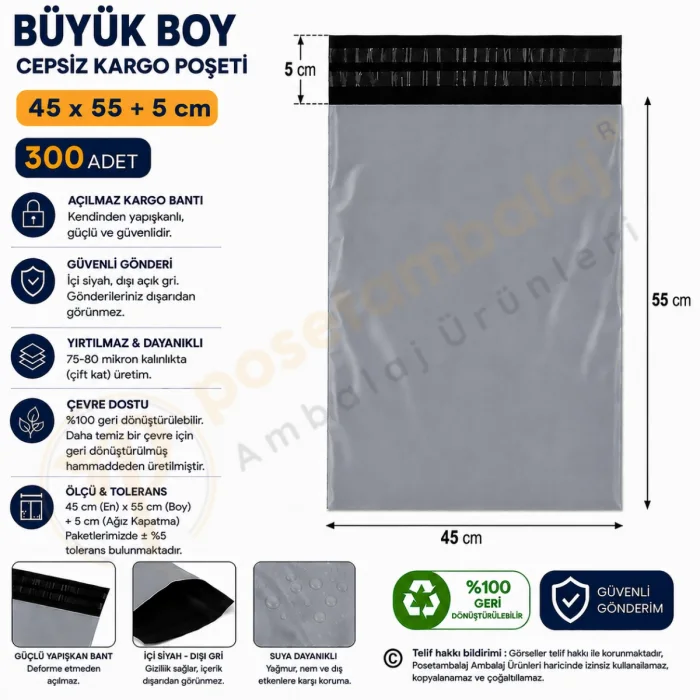 45x55+5 cm (45x60) Cepsiz Kargo Poşeti 300 Adet