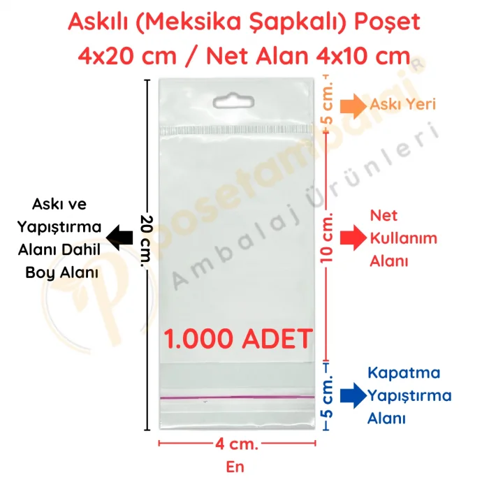4x20 cm (Kapalı Hali 4x10 cm) 1.000 Adet OPP Askılı Meksika Şapkalı Poşet