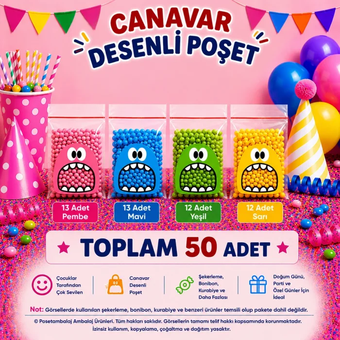 50 Adet 4 Renkli Canavar Desenli Cake Pop & Kurabiye Poşeti - 10x15 cm