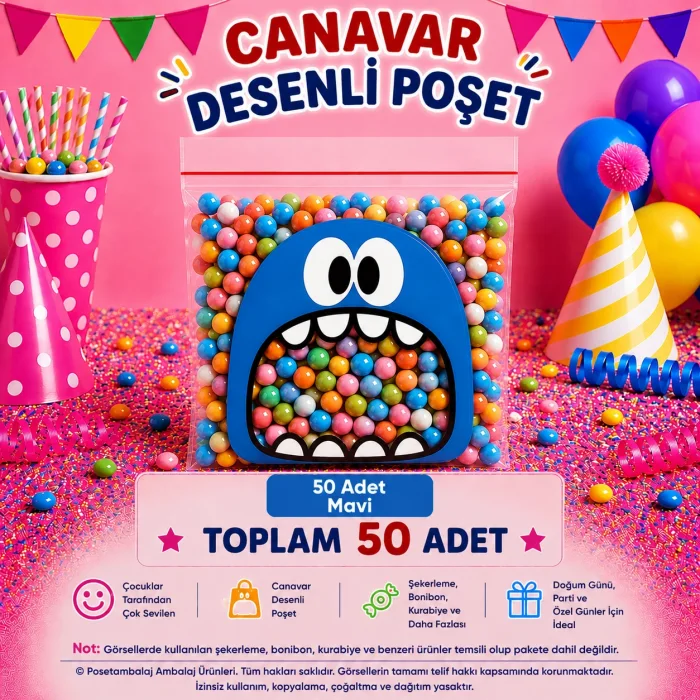 50 Adet Mavi Canavar Desenli Cake Pop & Kurabiye Poşeti-10x15 cm