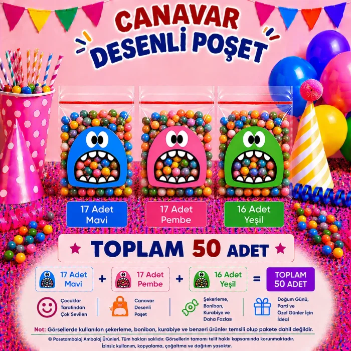 50 Adet Mavi-Pembe-Yeşil Renkli Canavar Desenli Cake Pop & Kurabiye Poşeti-10x15 cm