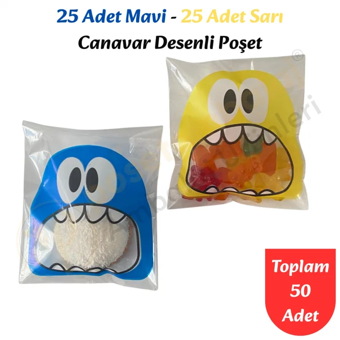 50 Adet Mavi-Sarı Renkli Canavar Desenli Cake Pop & Kurabiye Poşeti-10x15 cm