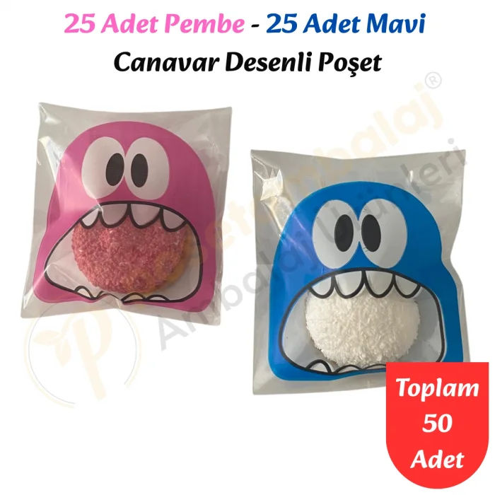 50 Adet Pembe-Mavi Renkli Canavar Desenli Cake Pop & Kurabiye Poşeti-10x15 cm