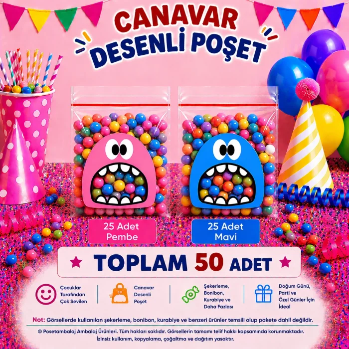 50 Adet Pembe-Mavi Renkli Canavar Desenli Cake Pop & Kurabiye Poşeti-10x15 cm
