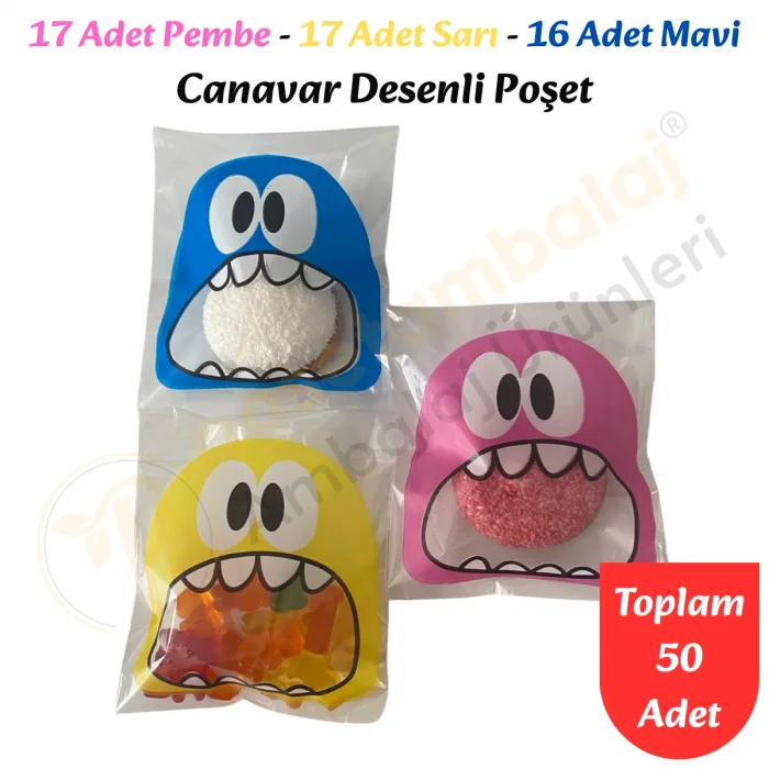 50 Adet Pembe-Sarı-Mavi Renkli Canavar Desenli Cake Pop & Kurabiye Poşeti-10x15 cm